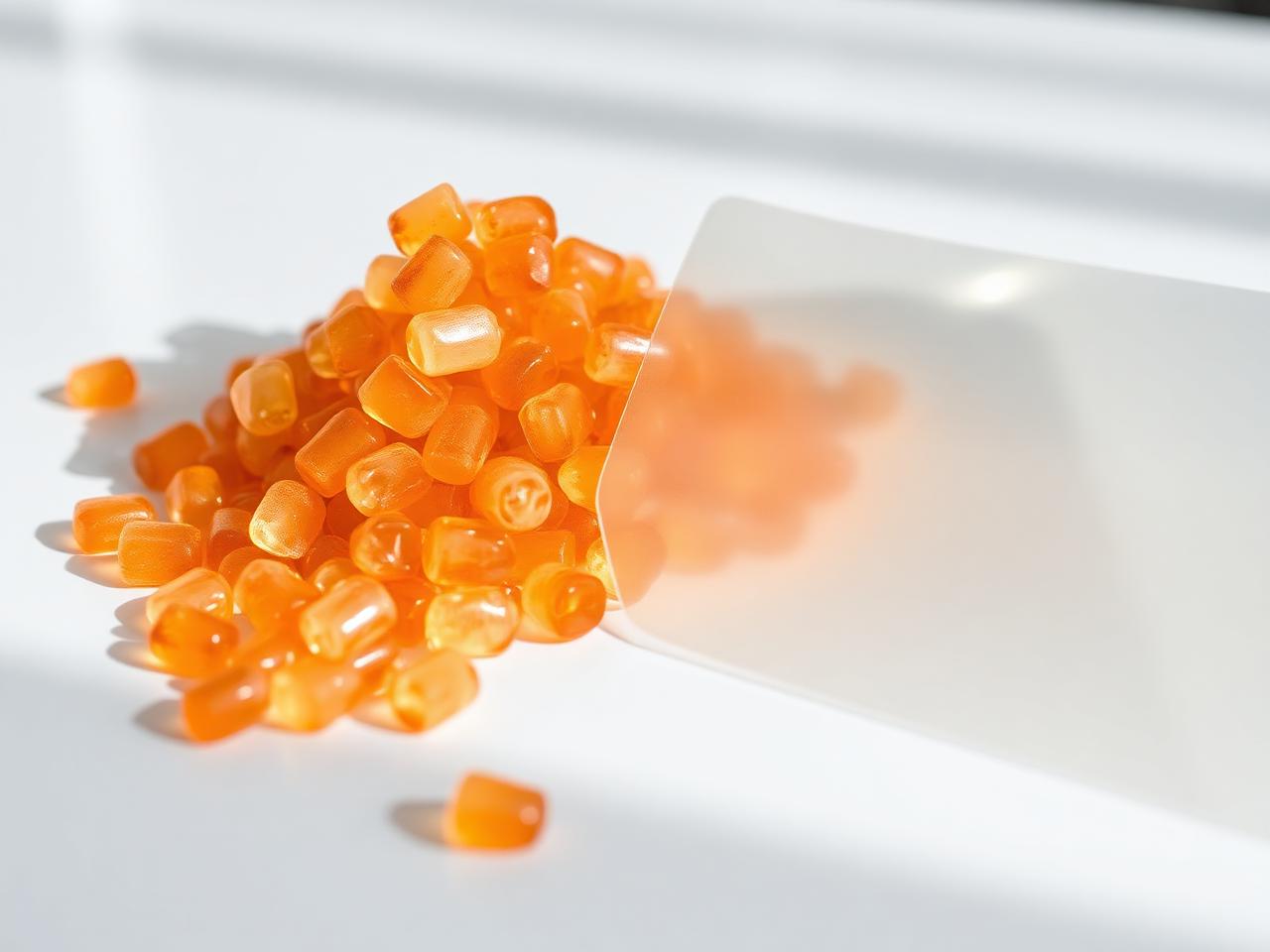 Pellets de bioplástico CitroPlast junto a lámina flexible translúcida