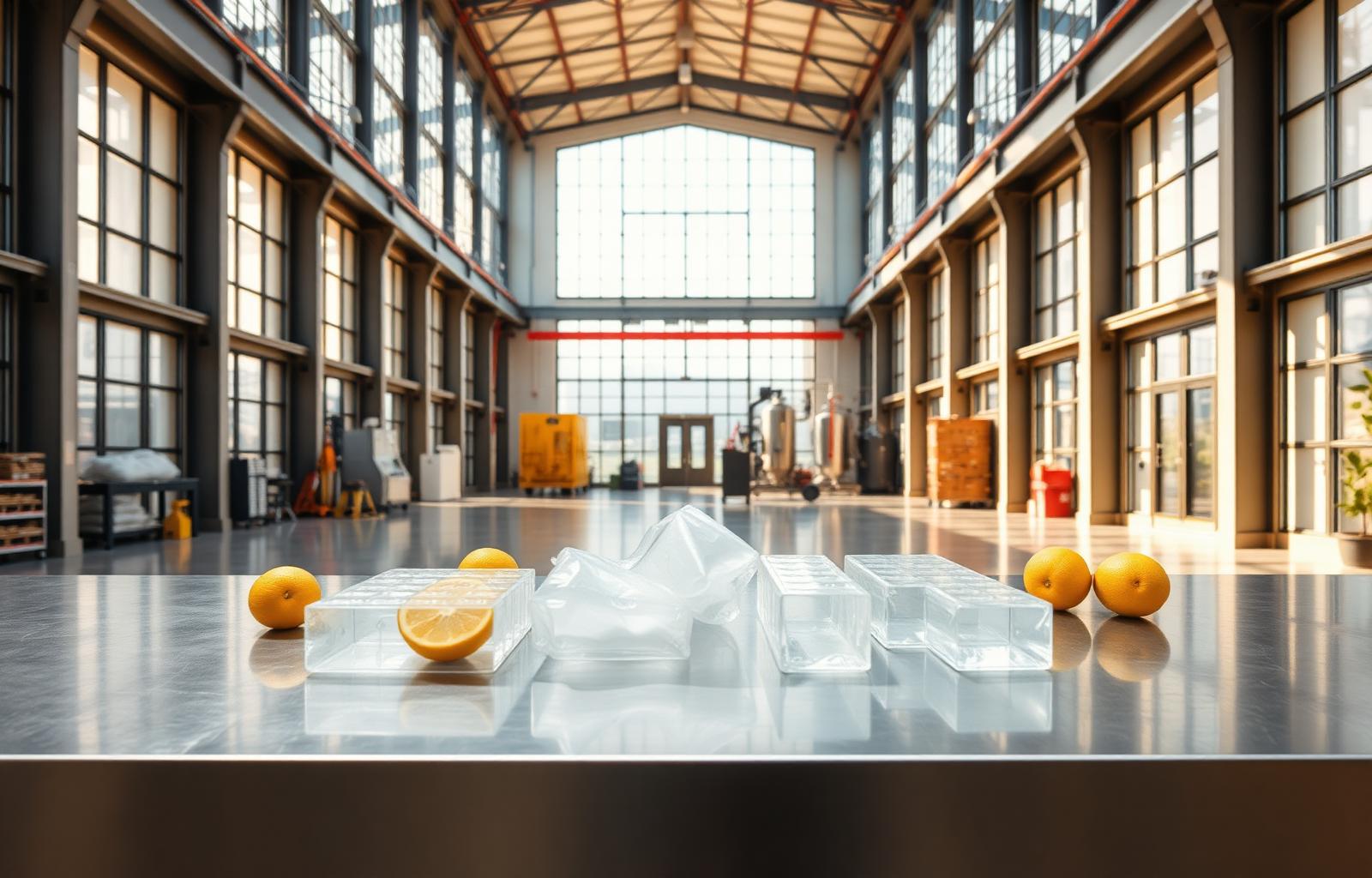 Planta industrial limpia con cítricos y muestras de bioplástico